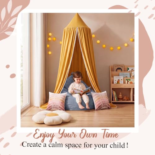 Image of 5 Pcs Kids Reading Corner Set Reading Nook Bean Bag Chair Cover with Canopy Tent, Throw Pillow Cover (No Filler) and Flower Pillow for Bedroom Playroom Nursery Corner Decoration(Yellow)