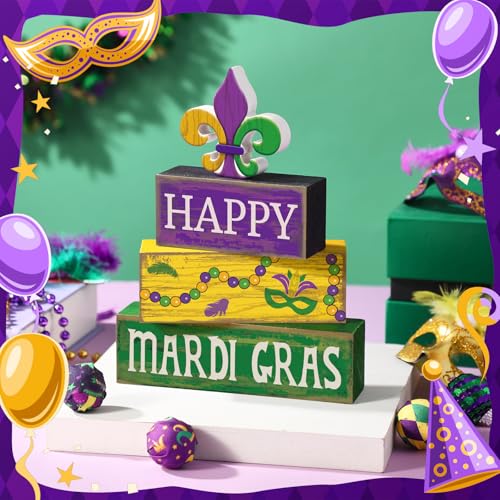 Image of Moucuny 4 Pcs Mardi Gras Decorations Mardi Gras Wooden Sign Carnival Table Centerpiece Carnival Tiered Tray Decor Decorative Faux Book Stack Block for Masquerade Party Fireplace Mantel Shelf