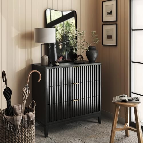 Image of Nathan James Jasper 3 Drawer, Bohemian Fluted, Solid Wood for Nursery, Small Dresser for Bedroom, Black Oak