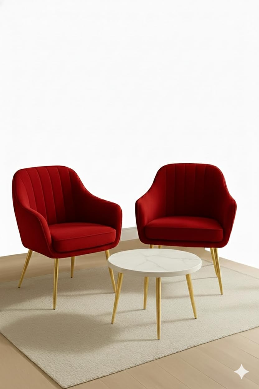 Modern Accent Chair Set with Table for Living Room | Stylish Lounge Chairs with Table for Home & Office Décor (Red)-image-42