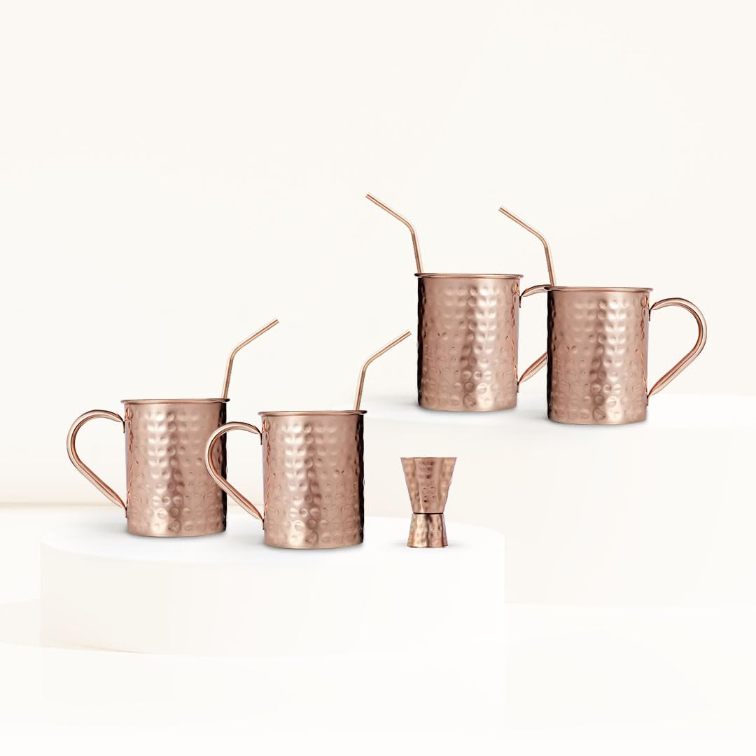 Cocktail Drinkware Bundle - Classic Pure Copper Set of 04 Cylinder Mugs with 04 EcoSip Reusable Solid Copper Straws (8-inch Long) and 01 Elite Precision Jigger.
