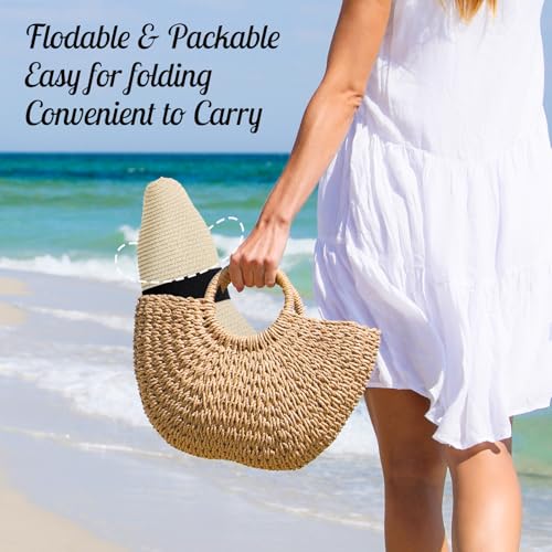 Image of Beach Hats for Women - Sun Hat Womens, Wide Brim Straw Womens Sun Hat with Wind Lanyard Roll Up Foldable UV Protection
