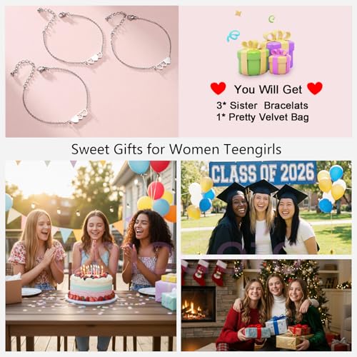 Image of 2 & 3 Pcs Triple Heart Link Sister BFF Bangle Bracelet Set | Matching Bestie Friendship Jewelry, Mother's Day Graduation Gifts for Women Teengirls