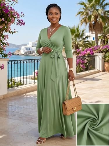 Image of PinkPatty Women's Plus Size Maxi Dresses Casual Flowy 3 /4 Sleeves Dress Printed Vacation Dress for Daily Wear with Belt