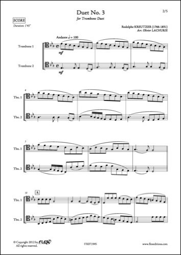 PARTITION CLASSIQUE - Duet No. 3 - R. KREUTZER - Duo de Trombones