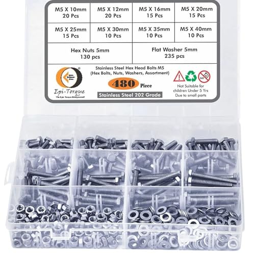 Image of Metric M5 Stainless Alloy Steel 202 Grade Full Threaded Hex Bolts Nuts and Washer Assortment Kit Set with Storage Box Pack of 480 Pcs