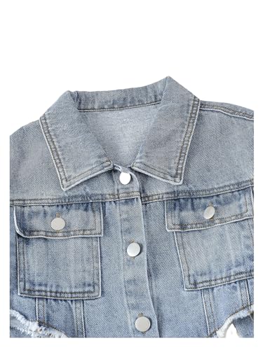Girl's Long Sleeve Asymmetrical Raw Hem Coat Collared Neck Button Up Crop Denim Jackets with Pockets3