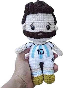 Handmade Crochet Messi Doll Soccer Player Soft Toy Amigurumi Football Player Plush Doll Kids Room Decor Cute Soccer Gift for Children Soft Stuffed Toy for Little Athletes