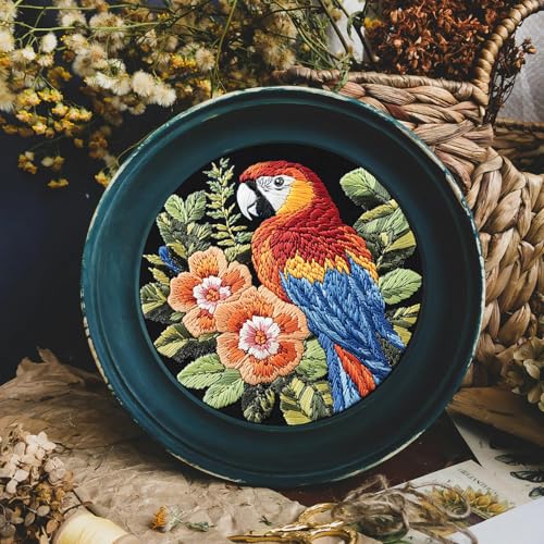 Image of FONNUY Embroidery Kit for Beginners, Birds with Flowers Pre-Stamped Pattern Kits for Adults with Hoop, Easy to Follow Color Thread Needlework, 8'' Hoop (Red Parrot)