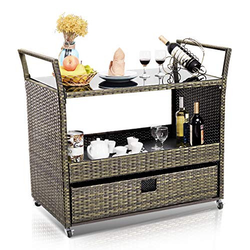 Giantex Rolling Wicker Cart Rattan Bar Cart Outdoor Serving Cart Wicker Trolley Portable
