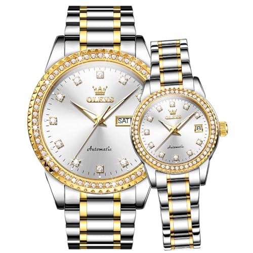 Image of OLEVS Couple Watch Men and Women His and Her Watches Set Analog Date Diamond Stainless Steel Waterproof Luminous Wrist Watch