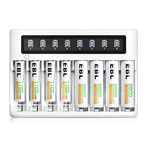 EBL LCD Chargeur de Piles Rapide- avec 4PCS AA 2800mAh et 4PCS AAA 1100mAh Piles Rechargeables,...