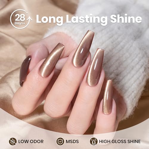 Image of Beetles Brown Cat Eye Gel Nail Polish - Velvet Cinnamon Cat Eye Gel Polish, 15ML Brown Mocha Mousse Magnetic Glitter Gel Polish with Magnet Soak Off UV French Nail Art Manicure Gift for Women