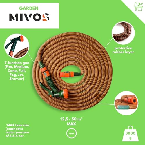 Mivos Manguera de agua flexible de hasta 50 m de longitud – para grifos de 1/2 y 3/4 pulgadas – Manguera de jardín ligera y sin pliegues para riego y limpieza – Manguera extensible con ducha de jardín - imagen 3