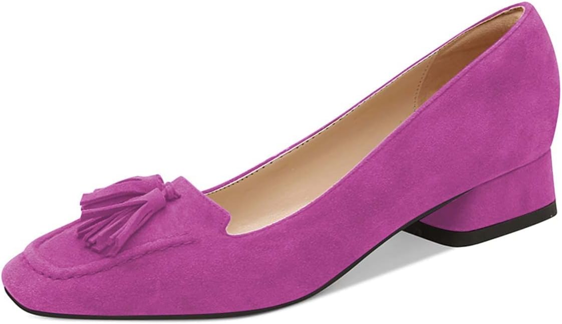 YDN Women's Chunky Block Low Heel Loafer Square Toe Tassel Fringe Pump Slip On Dress Party Office Daily Shoes Size 4-16 US