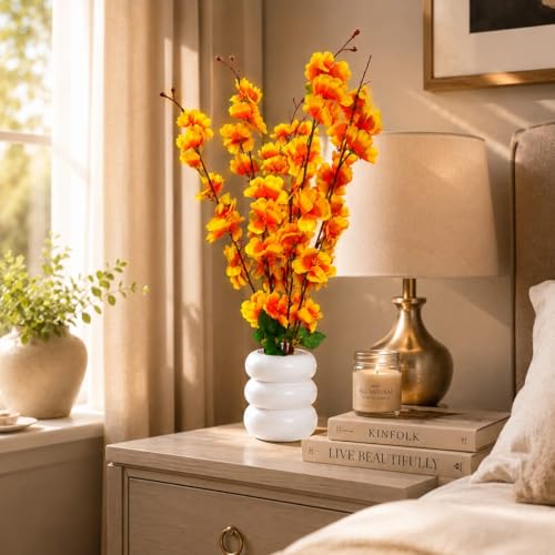 Image of Artificial Yellow Cherry Blossom Flower Plant with White Ceramic Pot | Realistic Faux Floral Arrangement for Home Decor, Living Room, Bedroom, Office Desk