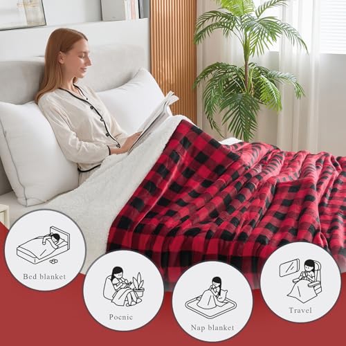 CHOSHOME Sherpa Fleece Blanket- Thick Warm Blanket for Winter, Soft Fuzzy Plush Blanket for Bed, Couch, Travel (Checker Red, King 90" x 108")