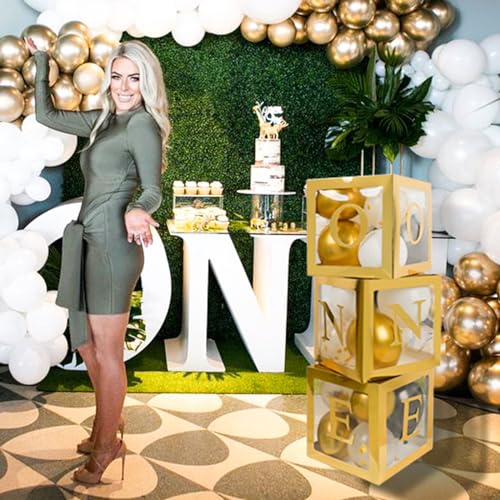 Image of Gold First Birthday Decorations for Boys or Girls, 3 Pcs ONE Balloon Boxes for 1st Birthday with ONE Letters for Photoshoot Props, Cake Smash Backdrop