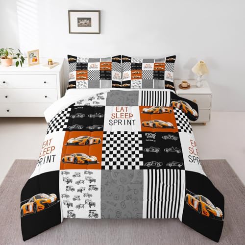 Image of Feelyou Race Car Bedding Set Speed Sports Car Comforter Set Toddler Size for Kids Boys Girls Racing Car Comforter Geometric Grid Extreme Sports Inner Fill Duvet Set 1 Comforter Set with 1 Pillowcase