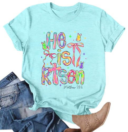 Image of Ithalt Easter Shirts for Women He is Risen Tshirt Easter Christian T-Shirt Jesus Lover Short Sleeve Tops