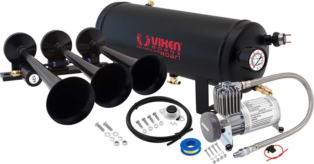 Vixen Horns Train Horn Kit for Trucks/Car/Semi. Complete Onboard System- 150psi Air Compressor, 1.5 Gallon Tank, 3 Trumpets. Super Loud dB. Fits Vehicles like Pickup/Jeep/RV/SUV 12v VXO8815/3118B