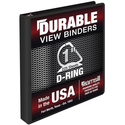 Image of Samsill Durable 1 Inch Binder, D Ring Binder, Customizable Clear View Cover, Charcoal Black, Holds 225 Pages