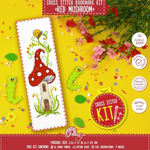 Image of Povitrulya Red Mushroom Counted Cross Stitch Bookmark Kit - DIY Hand Embroidery Set for Adults with Paper Pattern, 16 Count Aida Cloth and Pre-Sorted Floss