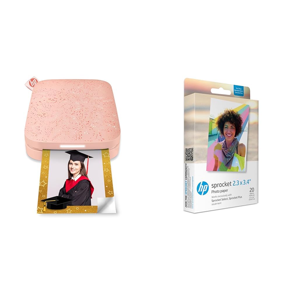 HP Sprocket Portable 5x7.6 cm Sofortbilddrucker (Rosa) & Sprocket 5.8x8.7 cm Premium Zink Sticker Fotopapier (20 Blatt) Kompatibel Sprocket Select Fotodruckern