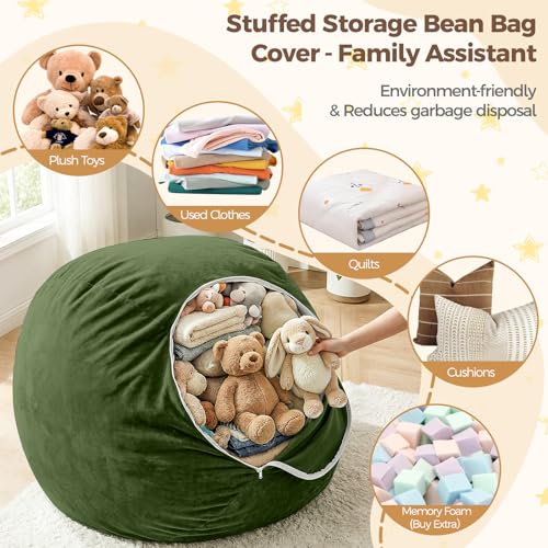 Image of Stuffed Animal Storage Bean Bag Chair Cover for Kids (No Filler), Soft Comfy Velvet Beanbag Chair Cover Machine Washable,Kids Bean Bag Chair with Handle for Living Room Bedroom Dorm,Dark Green