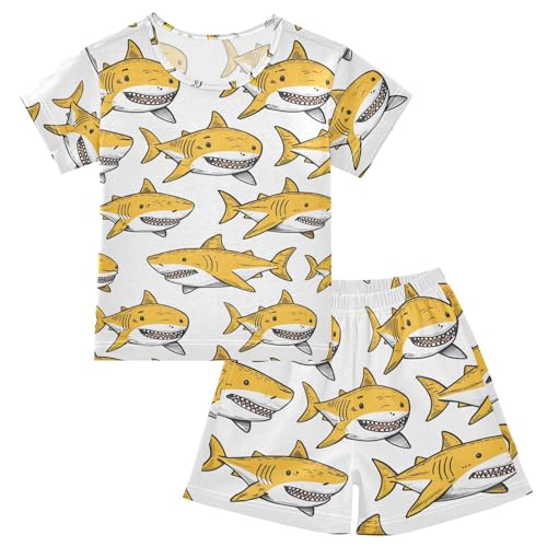 ALAZA Shark Yellow White Pajamas Short Sleeve 2 Piece Sleepwear Top and Bottom Pajama Set Unisex