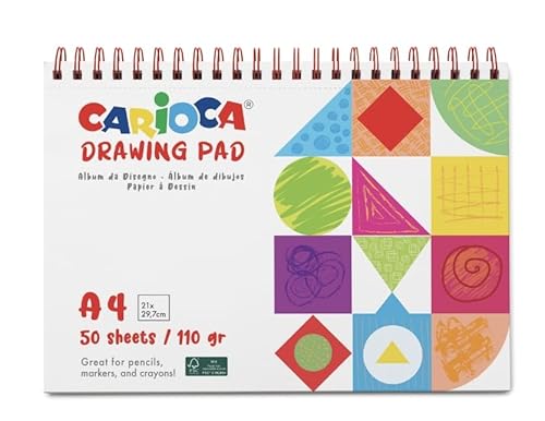 Carioca Bloc de Papel de Dibujo A4 | Ideal para su uso con lápices y rotuladores | Hojas con bordes pre-cortados para facilitar el arrancado |50 hojas de 110grs