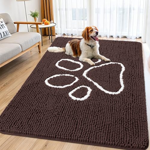 Image of Smiry Dog Door Mat for Muddy Paws, Absorbent Dirt Trapper Non Slip Quick Dry Washable Chenille Mat for Mud Dogs, Entry Rug for Indoor and Outdoor (71x46 Inches, Brown and White)