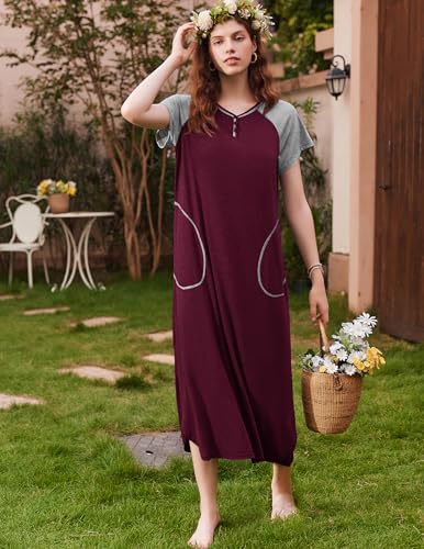 Image of Ekouaer Long Nightgown Women's Loungewear Short Sleeve Sleepwear Full Length Sleep Shirt with Pockets