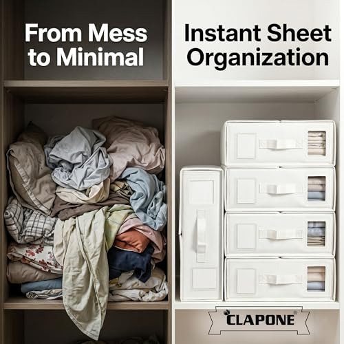 Image of CLAPONE Bedsheet Organizer Storage Box, Foldable Clothes Storage Container, Non-Woven Closet Organizer for Bedding, Blankets, Comforters & Underbed Storage (Pack of 4 Bedsheet Cover White)