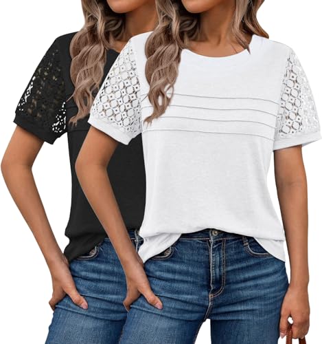 Enunube T-Shirts Lace Short Sleeve V Neck Tees Going Out Tops for Fashion Trendy Lightweight Soft Blouse Casual Summer Beach Vacation Clothes 2025, White+Black, L