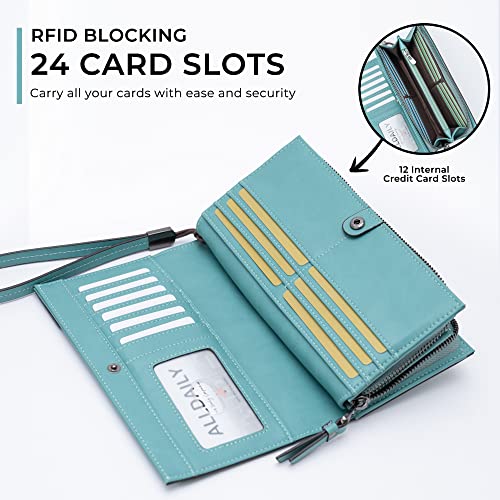 Alldialy RFID 24 Credit Card Holder Wallet, Large Capacity Wristlet Wallet for Women with Zipper (Purist Blue)4