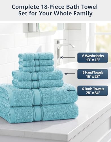 Image of Lane Linen Luxury 18-Piece Solid Cotton Bathroom Towel Set - 6 Bath Towels, 6 Hand Towels, 6 Wash Cloths - Blue
