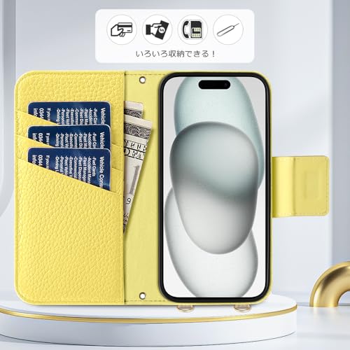 Kahper For iPhone 15 ケース 手帳型 ショルダー バイカラー スマホケース iphone 15 おしゃれ かわいい 女性 レトロ いPhone 15 ケース カード収納 シンプル 上品 iPhone 15 カバー マグネット式 スタンド機能 肌感レザー 携帯ケース iPhone 15 ストラップ 人気 エレガント レディース 手作（アプリコット メ イェロー）