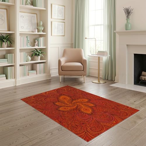 ODIKA 4'x6' Washable Abstract Swirl Area Rug, Red Flatwoven Floor Mat for Home Office, Gaming Room, Under Desk, Non-Slip Chair-Friendly Carpet | Ref:2001419