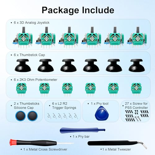 Image of PS5 Analog 3D Joystick Replacement for Sony PlayStation 5,PS5 Controller Stick Repair Kit for Fix Drift & Enhance Grip with Analog Joysticks,Thumbstick Caps,Trigger Springs,Tools&Screws (6Pack)