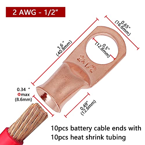 Image of 10pcs 2 AWG-1 /2 inch Battery Lugs, Copper Wire UL Listed Heavy Duty Cable Ends, Tubular Ring Terminals, Crimp Wire Ring Connectors With 3:1 Heat Shrink Tubing