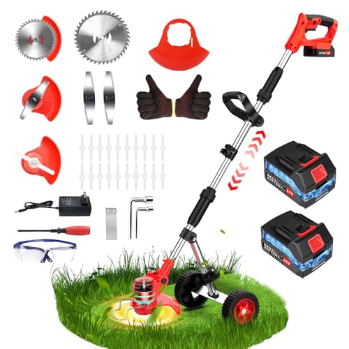 Desbrozadora Bateria 21V, Desbrozadora Electrica con 2 Baterías, Corte de 40 Minutos, Ruedas Ajustables, 3 Cuchillas, Mango Ajustable, Tubo Telescópico, Cabezal Pivotante 90° para Jardín Poda