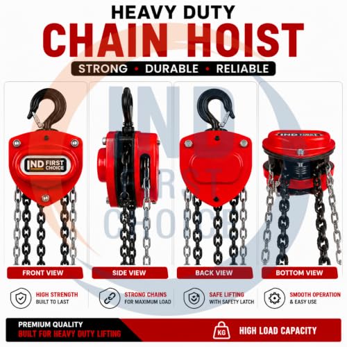 Image of IND 1 Ton 3 Meter Chain Pulley Block | Heavy Duty Manual Chain Hoist for Material Handling, Warehouse, Construction & Industrial Lifting