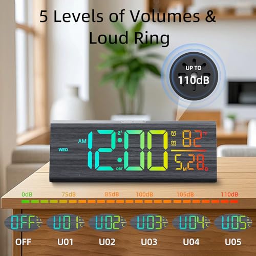 Solid Wood Digital Alarm Clock for Bedroom - 8.8 Inch Large Display, Multicolor Backlight Time Display, Dual Alarms, Date/Temp/Day, DST, Snooze, Black - Image 3