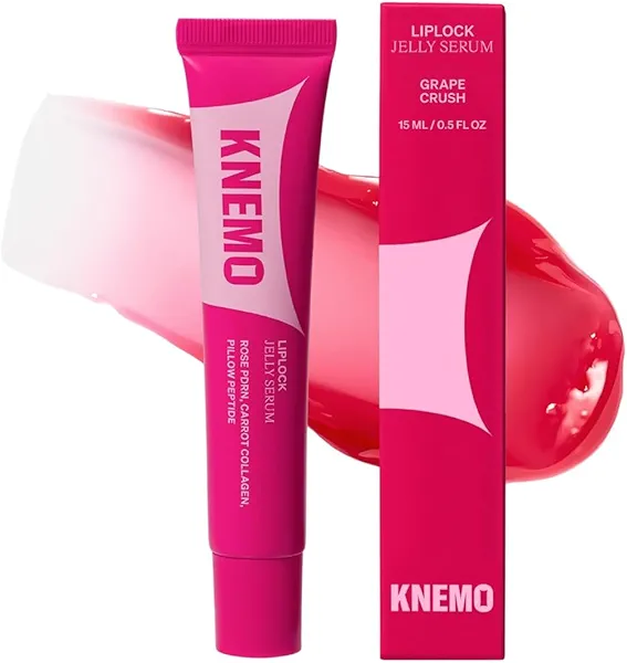 KNEMO LipLock Jelly Serum for Dry Lips, Long-Lasting, Hydrating, Plumping, Glossy Mask with Rose PDRN, Carrot Collagen, Pillow Peptide, Moisturizing Tinted Lip Balm. (Grape Crush)