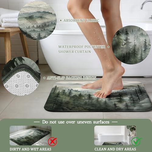 Sage Green Forest Bathroom Sets with Hookless Shower Curtain and Rugs Nature Rustic Cabin No Hook Shower Curtain and Liner Set, 4 Piece with Bath Mat and Toilet Lid Cover by soeeao - Used condition - Image 7