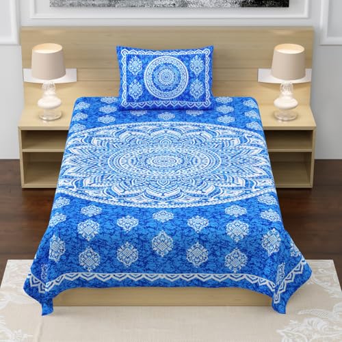 Image of RajasthaniKart Pure 100% Cotton Single Bed Sheet with 1 Pillow Cover (Bedsheet for Single Bed Cotton, Blue Star)
