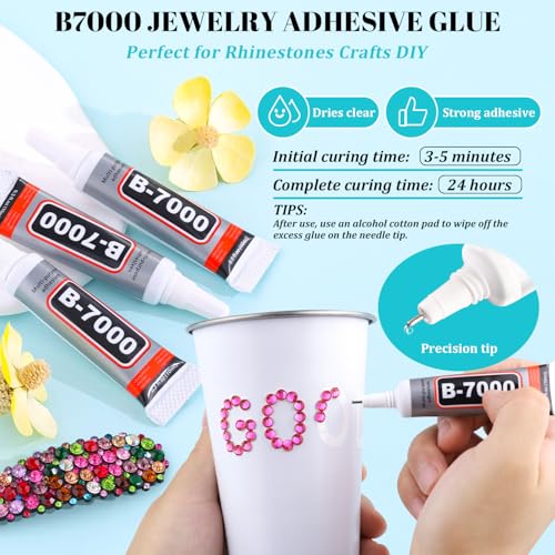 Image of 6100Pcs Resin Rhinestones for Crafting with 2Pcs 10ml B7000 Jewelry Glue, 1 Box Flatback Crystals Diamond (Hot Pink) for Bedazzling Crafts DIY Nail Art Non Hotfix Gems for Clothing Shoes