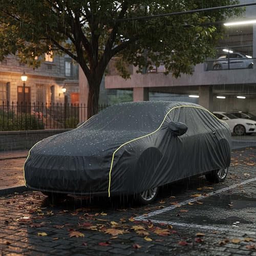 Image of Sulfar 100% Water Resistant Car Body Cover Compatible with Mirror for BMW i7(Electric) (Triple Stitched, Full Bottom Elastic, Dark Grey Tafetta with Yellow Piping)