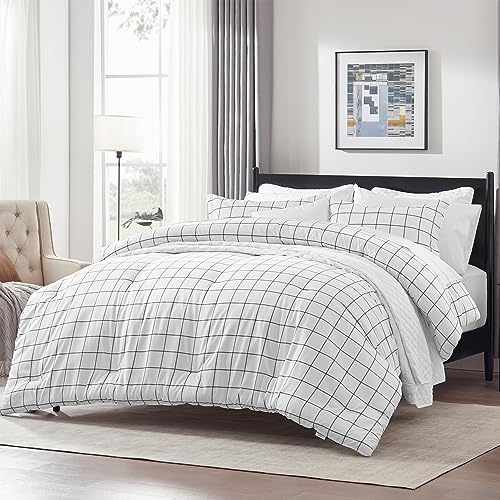 SLEEP ZONE 7 Pcs Comforter and Sheet Set King Size, Luxury Fluffy Soft Down Alternative Comforters with Flat Sheet, Fitted Sheets, Pillowcase, White Square - image 8